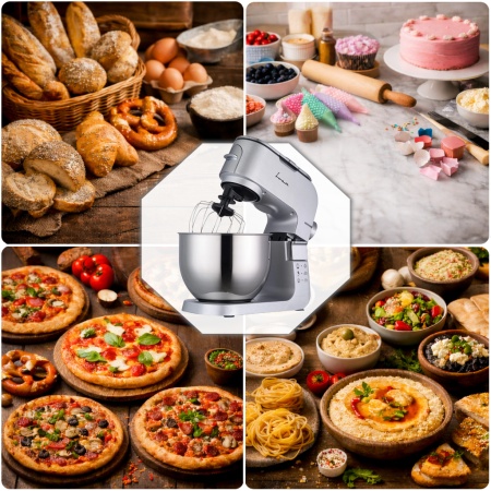 Mixer planetar FRAM FPM-K1500M, 1500W, bol inox 6L, 6 viteze si functie Pulse, Argintiu - Img 13