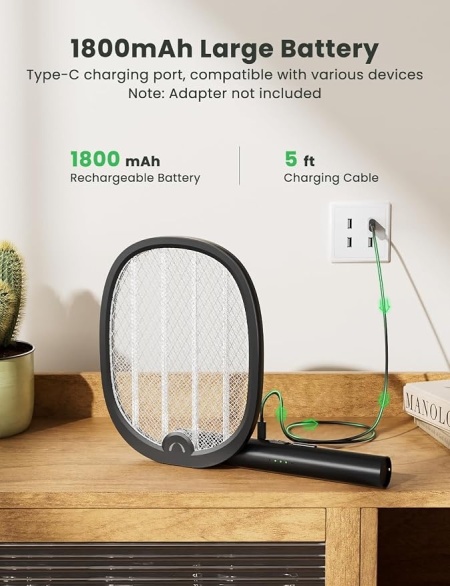 Paleta electrica anti-tantari si insecte 2 in 1 pliabila, lampa UV anti-insecte, acumulator reincarcabil 1800 mAh, zapper portabil pentru casa, terasa, curte si camping - Img 5