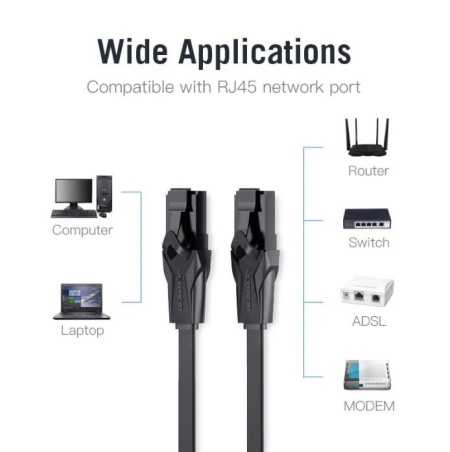 Patch Cord UTP Vention, Cat. 6, 30m, flat cable, conductor cupru - aluminiu, viteza max transfer 1 Gbps, invelis PVC, negru, "IBABT"  - Img 3