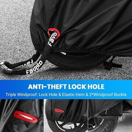 Prelata moto impermeabila Favoto 245x105x125 cm, husa protectie ploaie, soare, praf si zgarieturi, material rezistent cu fante blocare antifurt si benzi reflectorizante noapte, Negru - Img 4