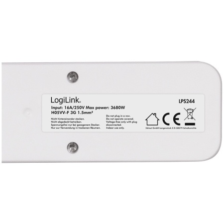 PRELUNGITOR LOGILINK, Schuko x 3, cablu 3G 1.5mm2, 230 V/16 A, 50 Hz, max. 3600 W, buton intrerupator iluminat, IP20, 1.5m, alb "LPS244" - Img 5