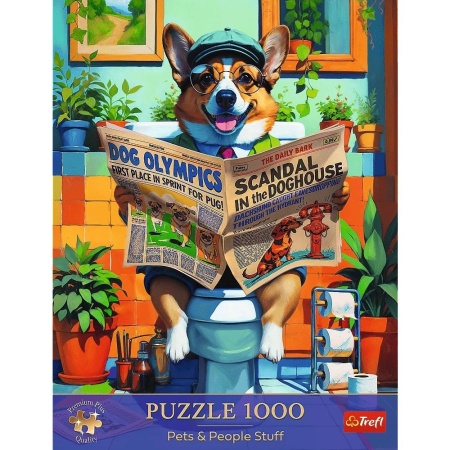 PUZZLE TREFL 1000 PREMIUM PLUS ANIMALE DE COMPANIE SI OAMENI CORGI LA TOALETA - Img 3