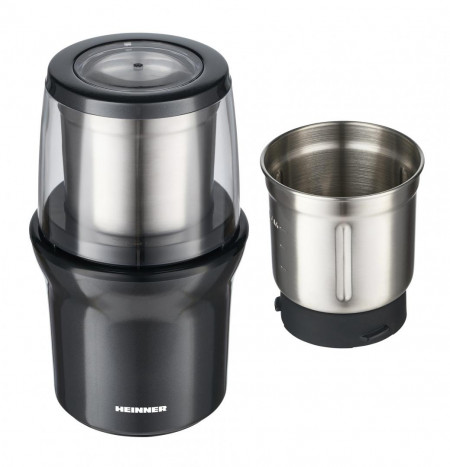 Rasnita electrica Heinner HCG-200DGIX2, rasnire umeda si uscata, 200 W, 70g, 2 recipiente, carcasa inox, Gri