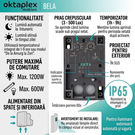 Senzor Crepuscular de Exterior Oktaplex Bela, Protecție IP65 la Apă și Praf, Comutator Automat Noapte/Zi, Antracit - Img 2
