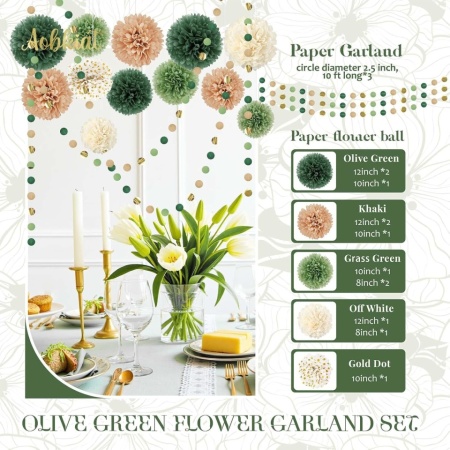 Set 15 Decorațiuni pentru Petrecere , Flori din Hârtie de TissU și Ghirlande cu Buline, Tematică Verde Smarald, Auriu și Maro, Pentru Baby Shower, Nuntă și Aniversări - Img 4
