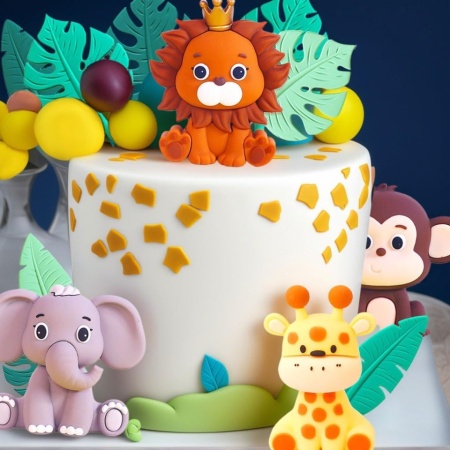 Set 16 Toppere Tort Tematică Junglă / Safari Sage Green, Figurine Animale (Leu, Elefant, Maimuță, Girafă) și Frunze Tropicale, Decorațiuni Tort pentru Petrecere Copii, Botez și Baby Shower - Img 5