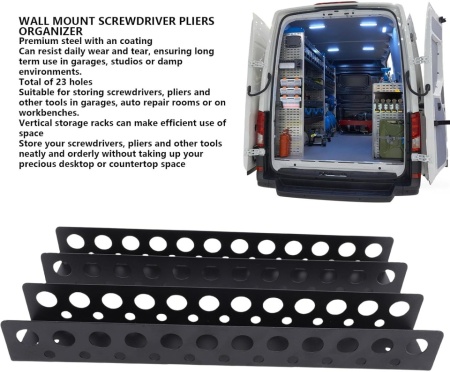 Set 2 Suporturi Metalice de Perete pentru Scule și Unelte Klanata, 23 Orificii de Organizare, Construcție din Oțel Rezistent, Accesorii de Montaj Incluse, 33 x 6 x 5 cm - Img 3