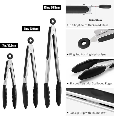 Set 3 clesti de bucatarie din inox cu varfuri din silicon termorezistent, mecanism de blocare, pentru gatit, servire si gratar / BBQ, Negru - Img 9