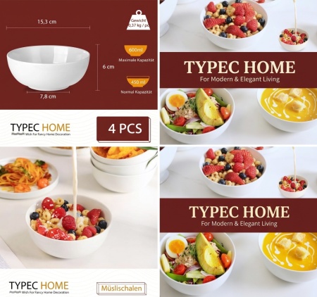 Set 4 boluri pentru mic dejun și cereale Typec Home, capacitate 600 ml, ceramică/porțelan, Alb - Img 5