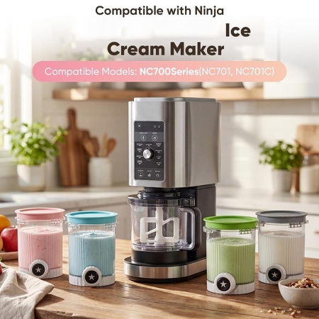 Set 4 recipiente pentru inghetata Typec Home compatibil cu seriile Ninja Swirl NC700 si NC701, BPA-free, 13.8x11.8x9.8cm, capace multicolore - Img 2