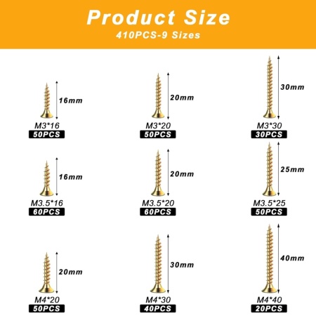 Set 410 Șuruburi Typec pentru Lemn Autofiletante M3-M4, Cap Îngropat (Countersunk / Flat), Oțel Carbon Zincat, Asortiment Dimensiuni Mici și Medii cu Cutie de Depozitare - Img 7