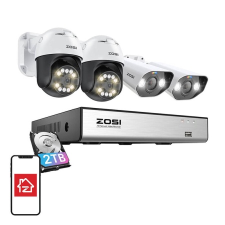 Set de 4 camere IP ZOSI C296 WiFi 5MP (2 buc.) și C182 WiFi 8MP (2 buc.) + recorder + unitate HDD de 2TB
