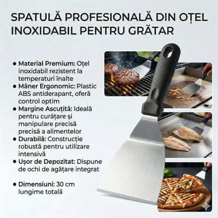 Spatulă Profesională pentru Grătar și Plită, Oțel Inoxidabil, Mâner Ergonomic Termorezistent - Img 3