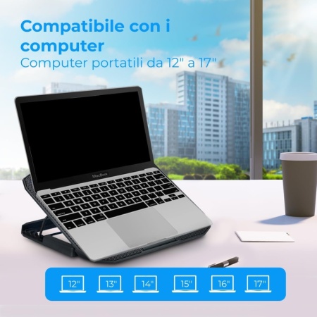 Stand / Cooler pentru Laptop NK cu 2 Ventilatoare Silențioase LED (12 - 17 Inch), 5 Nivele de Înălțime Ajustabile, 2 Porturi USB și Funcție de Răcire Rapidă, Negru - Img 4