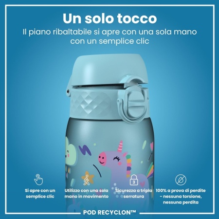 Sticlă de Apă pentru Copii ION8 350 ml, Etanșă Anti-Scurgere (Leak Proof), Capac cu Deschidere Rapidă One-Touch și Blocare de Siguranță, Mâner Integrat, Fără BPA din Recyclon®, Compatibilă cu Mașina de Spălat Vase, Model Blue Unicorns - Img 6