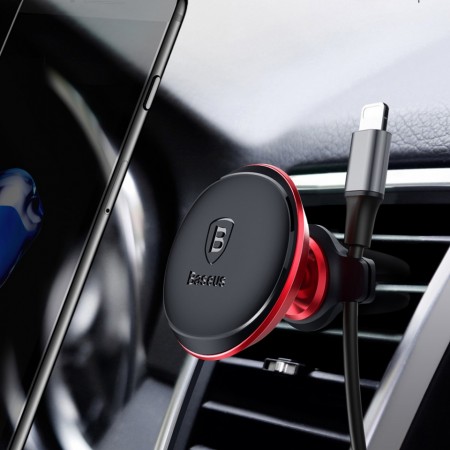 Suport auto magnetic rotatie 360 grade cu suport 2 cabluri si 2 placute cu adeziv pentru telefon incluse , Baseus , negru - Img 4