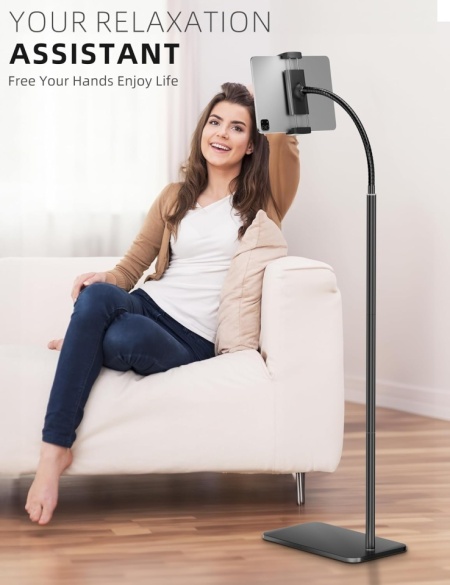 Suport de Podea Reglabil pentru Tabletă și Telefon LanPavilion, Braț Flexibil Tip Gât de Lebădă 40 cm, Rotație 360°, Bază Metalică Stabilă și Grea (1.8 kg), Compatibil 4.7–12.9 Inch, Negru - Img 9