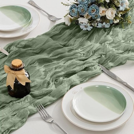 Traversă de masă decorativă Cheesecloth, 300 x 90 cm, Verde Salvie (Sage Green), din pânză topită tip tifon stil Boho/Rustic, pentru nunți, botezuri, petreceri și sărbători - Img 8