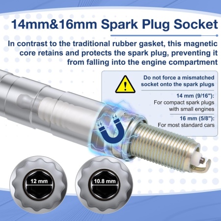 Trusă Chei Magnetice pentru Bujii 14 mm și 16 mm (9/16" și 5/8") cu Articulație Cardanică Rotativă 360°, Tubulare cu Pereți Subțiri din Oțel Crom-Vanadiu cu Profil în 12 Colțuri, Compatibile BMW, MINI, Nissan, Antrenare 3/8 Inch - Img 6