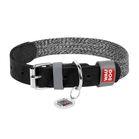 Zgarda pentru caini din piele naturala si material reciclat cu cod QR Waudog marimea M, latime 20 mm, negru - Img 2