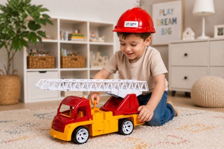 AUTOSPECIALA POMPIERI CU SCARA SI CASCA ROSU PORTOCALIU 54CM - Img 3