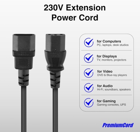 Cablu Prelungitor de Alimentare 230V PremiumCord KPS05, Lungime 0.5m, Conectori IEC 320 C13 Mamă la IEC 320 C14 Tată, Secțiune 3x0.75 mm², Culoare Neagră - Img 7