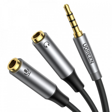 Cablu splitter Ugreen AUX mini mufa 3,5 mm (femela) - 2x mini mufa 3,5 mm (mascul - microfon și casti) argintiu (AV193 50255)