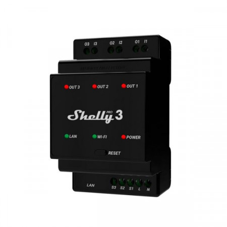 Comutator pentru relee inteligente Shelly PRO 3 WiFi + Ethernet cu 3 grupuri cu suport pentru sina DIN