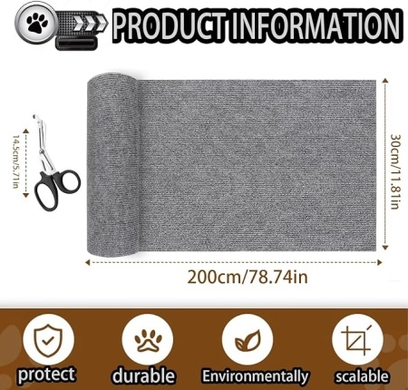 Covoraș autocolant pentru zgâriat pisici, 200 x 30 cm, rolă decupabilă anti-zgârieturi, protecție canapea, perete, mobilă și ansambluri joacă, Alb - Img 6