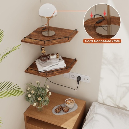 Etajeră de Colț Suspendată cu 2 Niveluri Typec Home (12 Inch / ~30 cm), Formă Hexagonală / Evantai cu Grilaj de Protecție și Orificiu pentru Cabluri, Lemn Rustic Maro și Suport Metalic - Img 4
