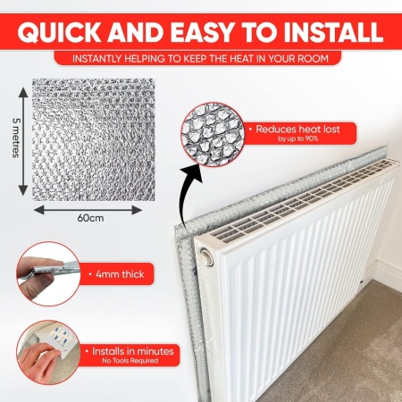 Folie Reflectorizantă pentru Calorifer 5m x 60cm, Rolă Izolație Termică cu Bandă Adezivă Inclusă, Reducere Pierderi de Căldură - Img 6