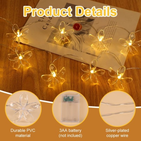 Ghirlandă Luminoasă LED Flori de Cireș (Cherry Blossom) 3 m, 20 LED-uri Lumină Caldă, Alimentare cu Baterii 3x AA, Fir Flexibil din Cupru, 2 Moduri de Iluminare (Continuu / Intermitent), Rezistentă la Apă, Decor Interior și Exterior - Img 7