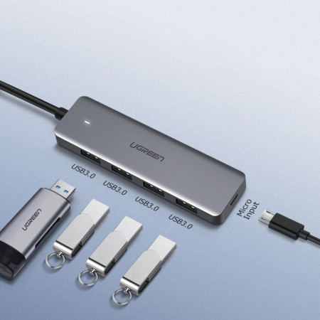 Hub Type C + micro USB pentru putere extra, UGREEN USB 3.0, 4 porturi, gri - Img 3