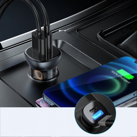 Incarcator auto Joyroom mini dual port USB Type C / USB 38 W 3 A Power Delivery Quick Charge 3.0 AFC SCP silver (C-A42) - Img 6