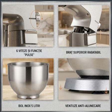 Mixer planetar FRAM FPM-K1500M, 1500W, bol inox 6L, 6 viteze si functie Pulse, Argintiu - Img 10