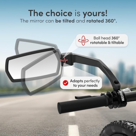 Oglindă Retrovizoare pentru Bicicletă și E-Bike Wittkop, Lentilă Convexă HD din Sticlă Veritabilă, Câmp Vizual Extins, Rotire 360° și Braț Pliabil, Montaj Universal pe Ghidon (Superior / Inferior), Carcasă Ranforsată Anti-Șoc, Negru - Img 4