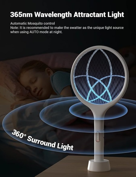 Paletă electrică anti-insecte și țânțari 4000V, mod dublu de funcționare (manual și lampă UV), reîncărcabilă USB, plasă de protecție pe 3 straturi, Alb - Img 7
