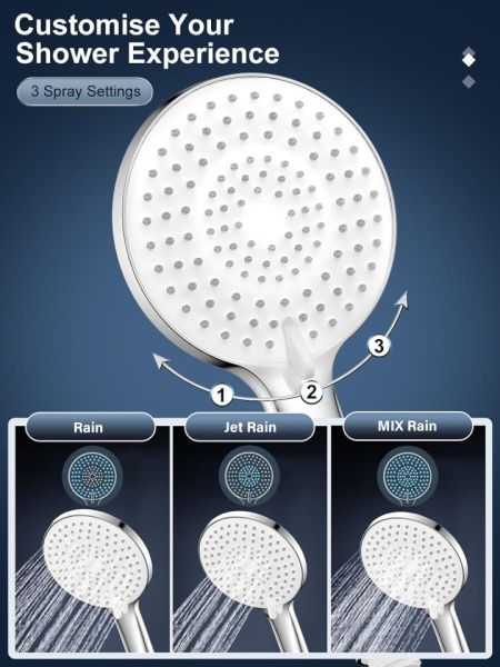 Pară de Duș de Înaltă Presiune cu Furtun Inclus, Cap Rotund 120 mm, 3 Moduri de Pulverizare, Duze Anti-Calcar din Silicon, Finisaj Cromat Lucios, Para de Duș Manuală Antirugină pentru Baie, Hotel și Spa - Img 6