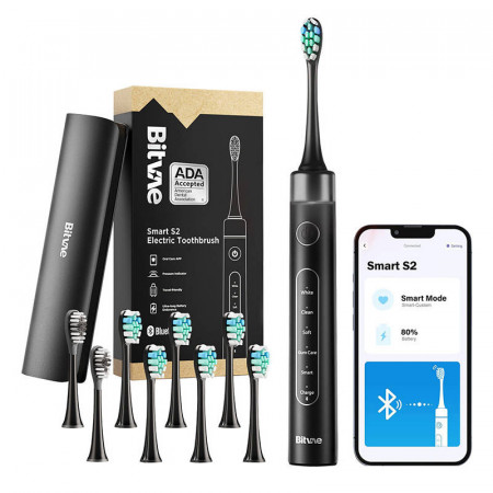 Periuta de dinti sonica cu aplicatie, set de varfuri si travel etui S2, negru