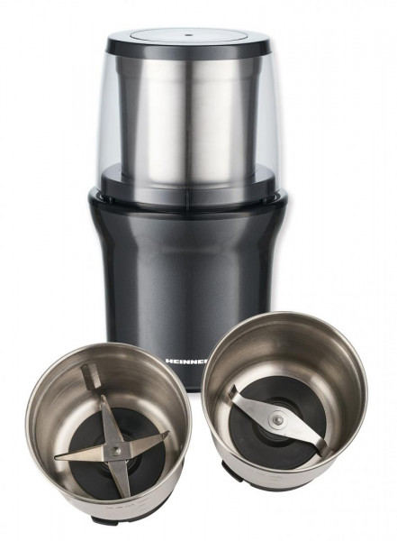 Rasnita electrica Heinner HCG-200DGIX2, rasnire umeda si uscata, 200 W, 70g, 2 recipiente, carcasa inox, Gri - Img 2