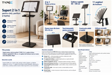 RESIGILAT - Suport pentru cărți și partituri Typec 2 în 1, podea și birou, înălțime reglabilă 50–130 cm, 11 unghiuri de înclinare, lemn și metal, tavă detașabilă, Negru - Img 2