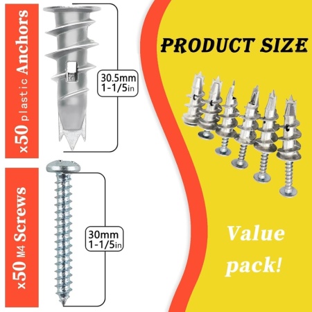 Set 100 Piese Dibluri Metalice Autoperforante pentru Gips-Carton (Gipscarton / Rigips), 50 Dibluri Autofiletante din Aliaj de Zinc + 50 Șuruburi din Oțel Zincat #8 x 1-1/4 Inch (32 mm), Montaj Rapid Fără Pregăurire, Alb - Img 4