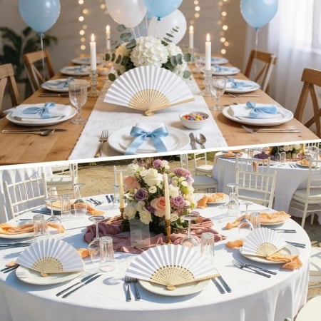 Set 12 evantai de hârtie și bambus Elegant Celebration, evantaie pliabile elegante pentru nunți și petreceri în aer liber, mâner neted din bambus fără așchii, design alb pur personalizabil DIY, deschidere de 38 cm - Img 3
