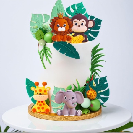 Set 16 Toppere Tort Tematică Junglă / Safari Sage Green, Figurine Animale (Leu, Elefant, Maimuță, Girafă) și Frunze Tropicale, Decorațiuni Tort pentru Petrecere Copii, Botez și Baby Shower - Img 2