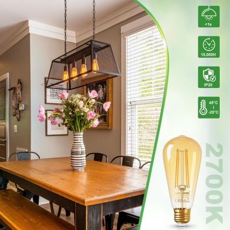 Set 2 Becuri LED Vintage Edison E27 DiCUNO Clasa B 2.5W (Echivalent 40W), 480 lm, Lumină Caldă 2700K, Sticlă Chihlimbar ST58 / ST18 - Img 2