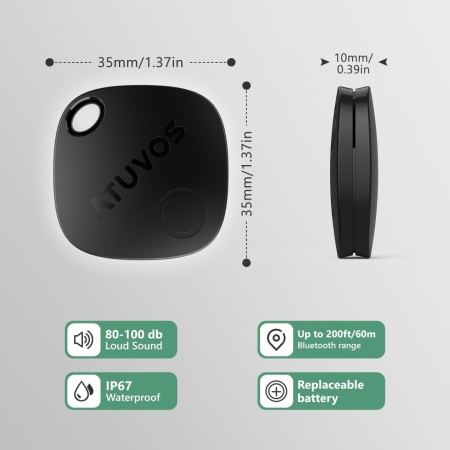 Set 2 Dispozitive de Urmărire Inteligente ATUVOS Smart Tracker Bluetooth, Compatibile cu Rețeaua Apple Find My (Unde este? - Doar iOS), Baterie Înlocuibilă CR2032 Inclusă, Difuzor Puternic 80–100 dB, Rezistență la Apă IP67, Fără Abonament, Negru - Img 2