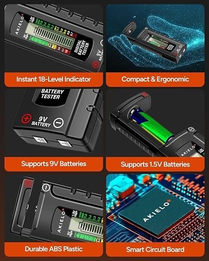 Set 2 testere digitale pentru baterii AKIELO+, ecran LCD, fără baterie necesară, verificator universal pentru AA, AAA, C, D, 9V și baterii tip pastilă (1.5V) - Img 4