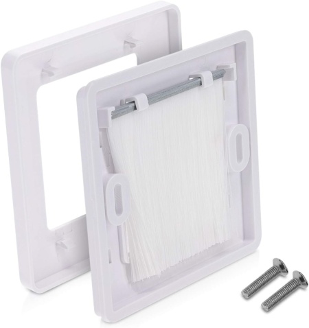 Set 2 Treceri de Cablu cu Perie kwmobile, Mască Pătrată 80 x 80 mm pentru Perete și Birou, Inserție Perie 50 x 50 mm, Organizator Cabluri TV, PC și Electrocasnice, Alb - Img 4