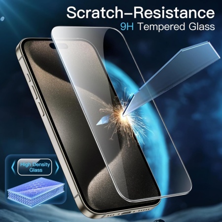 Set 3 Folii de Protecție din Sticlă Securizată JETech pentru iPhone 15 Pro Max, Duritate 9H, Ultra-Transparente, cu Cadru de Montare - Img 3
