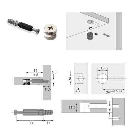 Set 50 Bucăți Conectori Mobilier Hettich: Camă Excentric Rastex 15 (Ø 15 mm) și Tijă Înfiletabilă Twister DU 232 T (6 x 11 mm) - Img 2